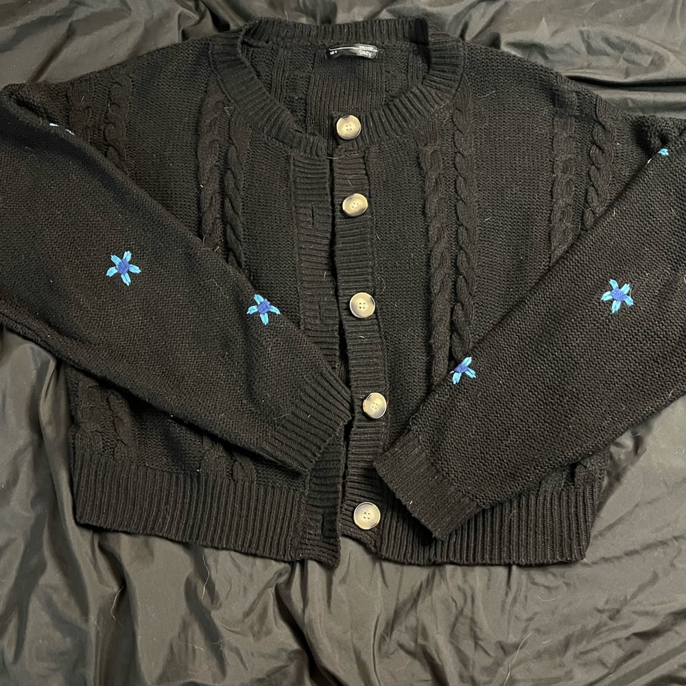 Black Cardigan with Blue Floral Details